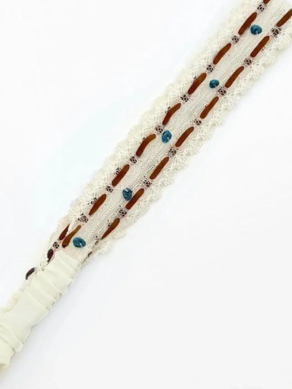 Boho Lace & Suede Beaded Headband - Cream with Tan and Turquoise